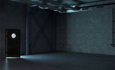 Gizli laboratuvar ve kapıdaki sanayi koridoru