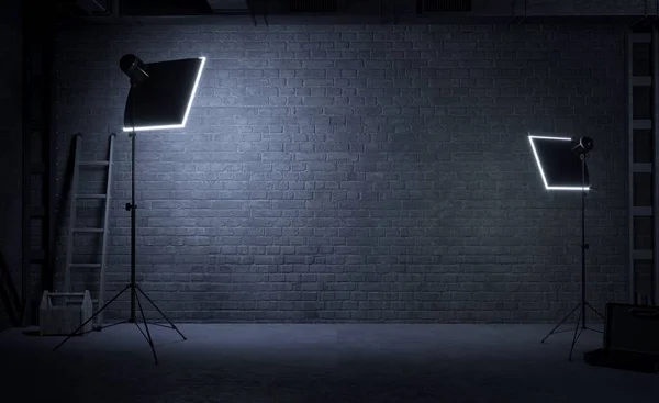 Photo studio room with dark brick background