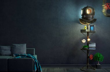 Klasik sualtı dalgıçları olan yaratıcı bir çatı katı.