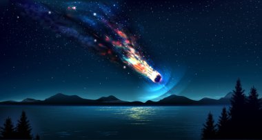 Falling comet in the night blue sky clipart
