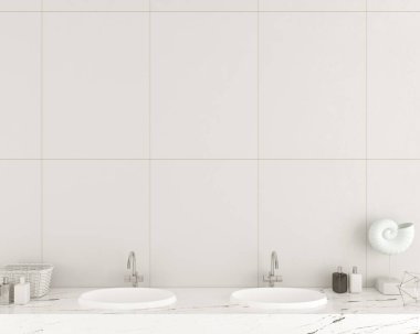 Beyaz fayanslardan yapılmış modern banyo duvarı.