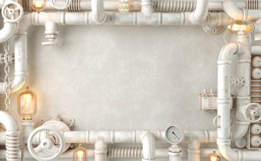Arka plan beyaz duvar tavan arası steampunk lambası borulardan