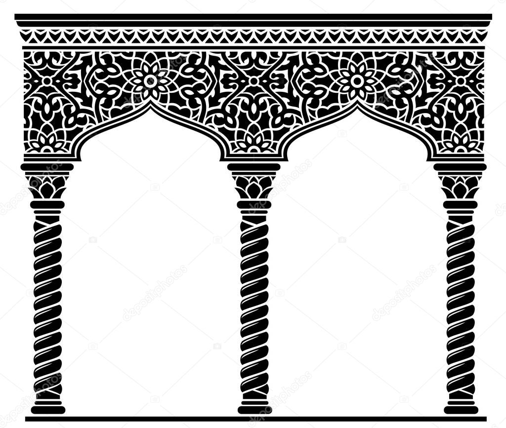 Silhouette of the arched eastern facade. Fairytale Oriental, Indian or Arabian arch, background for cover, invitation cards. Vector graphics