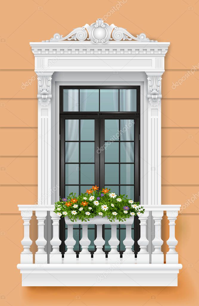 Classic balcony on the facade with a door