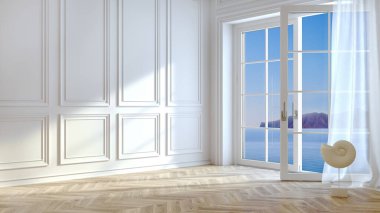 Beyaz ahşap panellerden klasik duvar. Deniz içi.
