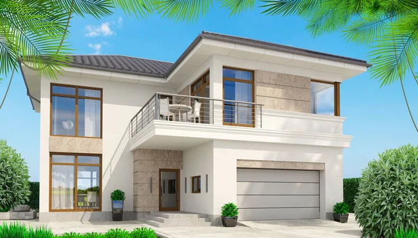 Terası ve avuçları olan modern beyaz bir ev.