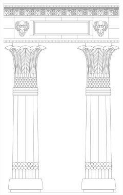 Eski Mısır tapınak sütunlarının hiyeroglif figürler, nilüfer süsleri ve sembolik mimari detaylarla süslenmiş vektör çizimi.