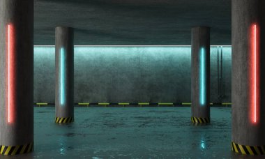 Karanlık, kasvetli yeraltı otoparkı ıslak zemin ve parlak kırmızı ve neon ışıklı beton sütunlar. 3 Boyutlu Hazırlama.