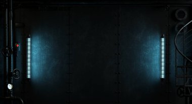 Pis, karanlık endüstriyel arka planda metal paneller, borular, vanalar ve iki siyan mavi floresan lambalar var. Steampunk çatı katı tarzı. 3 Boyutlu Hazırlama.