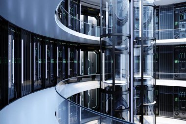 3 boyutlu illüstrasyon. Modern Sunucu Rafları ve Eğimli Mimarisi ile Geleceğin Veri Merkezi İçi