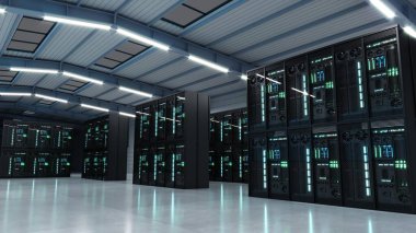 3 boyutlu illüstrasyon. Depo bir veri merkezine dönüştürüldü