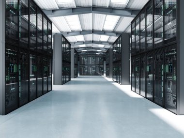 3 boyutlu illüstrasyon. Depo bir veri merkezine dönüştürüldü