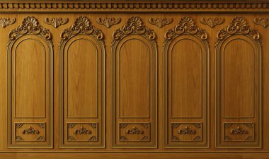 Üç boyutlu illüstrasyon. Ekstra büyük arka plan ahşap kemer kabin duvarı