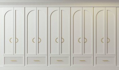 Üç boyutlu illüstrasyon. Ekstra büyük arka plan ahşap kemerli dolap dolabı.