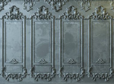 3 boyutlu illüstrasyon. Terk edilmiş eski bir sarayın içi. Klasik ahşap paneller. Evsiz konutlar. Ekstra büyük arka plan kemer ahşap dolap duvarı