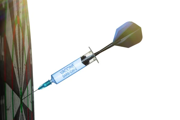 Een Wegwerpspuit Vorm Van Een Pijl Met Inscriptie Vaccin Het — Stockfoto