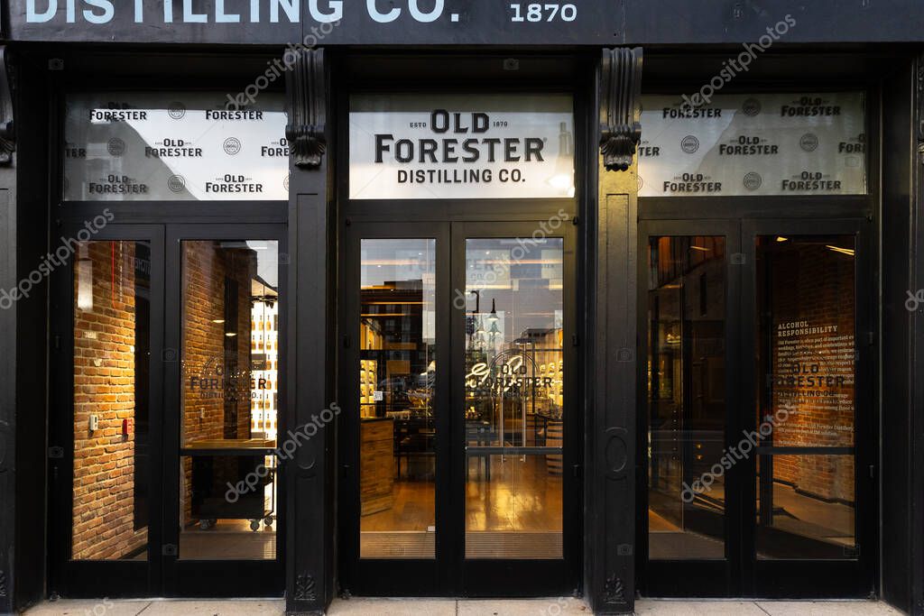 Louisville, KY, USA - October 21, 2025: Old Forester Distilling Co. is located in downtown Louisville and started in 187. It's America's first bottled bourbon that was sold in glass bottles.
