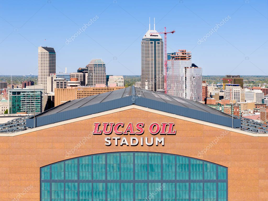Indianapolis, IN, USA - October 20, 2025: Lucas Oil Stadium is home to the NFLs Indianapolis Colts football team, as well as hosting other events. Aerial view.