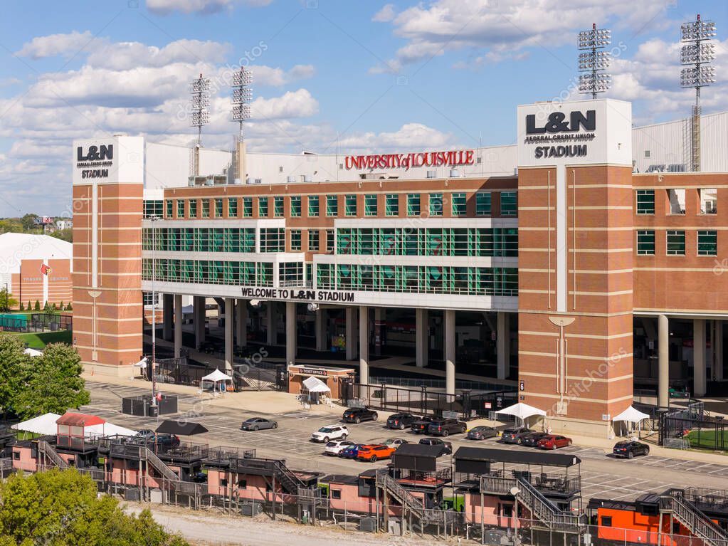 Louisville, KY, USA - October 21, 2025: L and N Federal Credit Union Stadium, previously Papa Johns Cardinal Stadium, is home to the University of Louisville Cardinals football team. Aerial view.