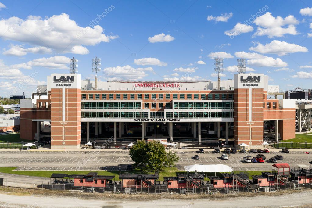 Louisville, KY, USA - October 21, 2025: L and N Federal Credit Union Stadium, previously Papa Johns Cardinal Stadium, is home to the University of Louisville Cardinals football team. Aerial view.