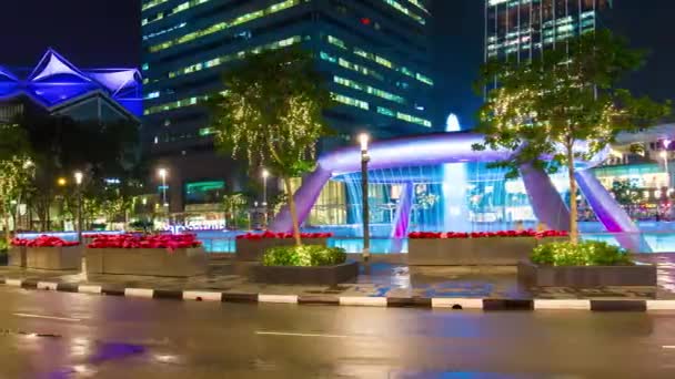 Nacht verkeer fontein cirkel suntec city panorama 4 k tijd vervallen singapore — Stockvideo