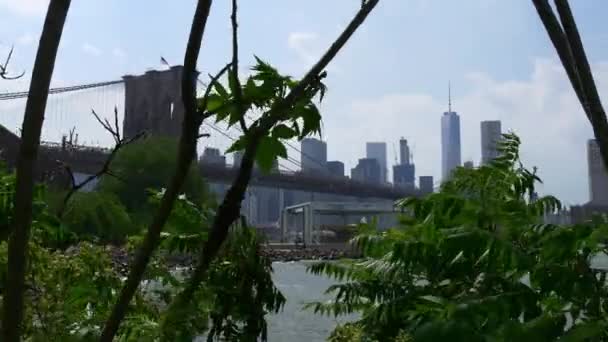 阳光灿烂的日子在布鲁克林大桥上的视图 — 图库视频影像