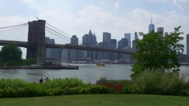 Vista soleada del día en el puente de Brooklyn — Vídeo de stock