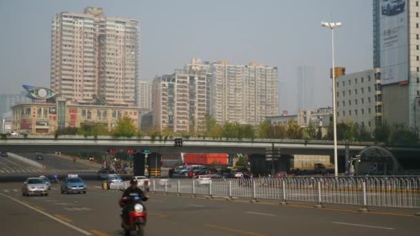 Mañana Soleada Changsha Centro Ciudad Tráfico Céntrico Calle Lado Panorama — Vídeo de stock