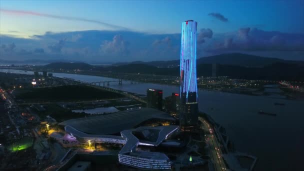 Night Illumination International Convention Exhibition Center Zhuhai City China — Stock Video