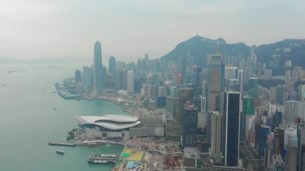 Luftaufnahme Des Hafens Von Victoria Mit Stadtbild Bei Tag Hongkong — Stockvideo