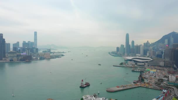Luftaufnahme Des Hafens Von Victoria Mit Stadtbild Bei Tag Hongkong — Stockvideo