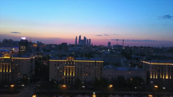 Noite Pôr Sol Moscow Cidade Gorky Parque Rio Baía Aérea — Vídeo de Stock