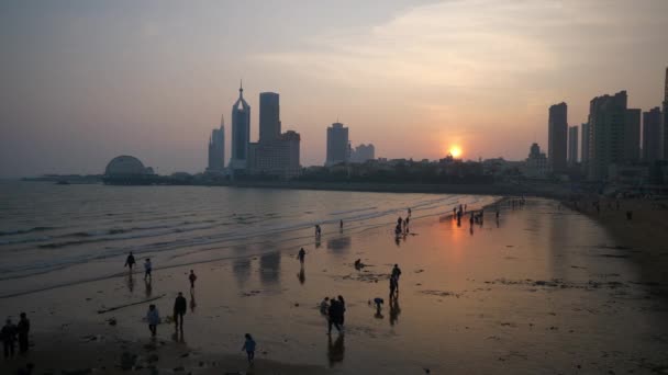 Zachód Słońca Qingdao Miasto Słynny Publicznej Plaży Panorama Chiny — Wideo stockowe