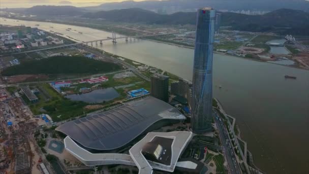 Antenne Des Internationalen Kongress Und Ausstellungszentrums Von Zhuhai Bei Sonnenuntergang — Stockvideo