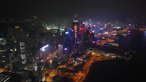 Panorama Aereo Della Città Illuminata Hong Kong Notte — Video Stock