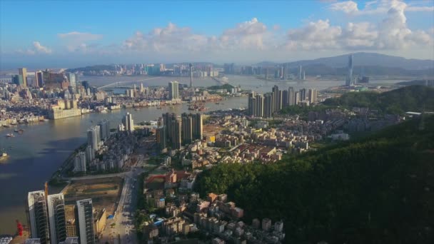 Город Чжухай Макао Городской Залив Воздушная Панорама Солнечный День — стоковое видео