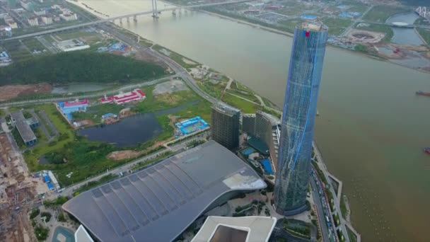 Aéreo Zhuhai Convenção Internacional Centro Exposições Pôr Sol — Vídeo de Stock