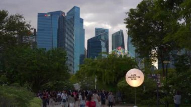 Singapur şehrinde akşam vakti ünlü kalabalık bahçe çayırı, panorama 4k