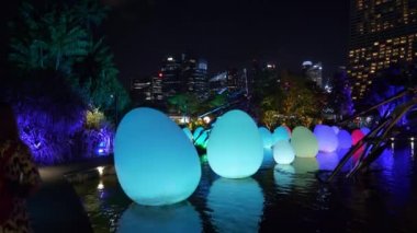 Singapur 'un ünlü bahçe koyunda yumurtaların gece aydınlatması, panorama, 4k