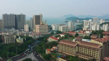 Aerial view of Sanya city at evening time. 4k, Hainan island, China