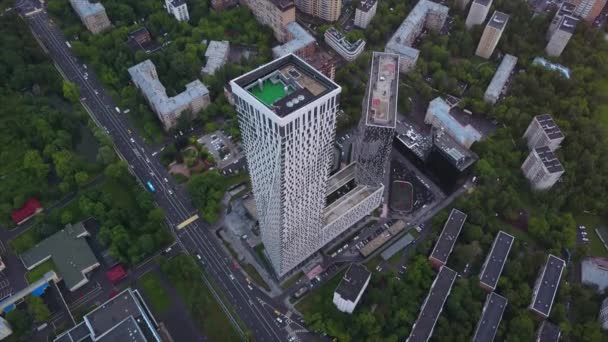 Večer Moscow Moderní Obývací Blok Cityscape Antény Dolů Pohled Panoramatické — Stock video