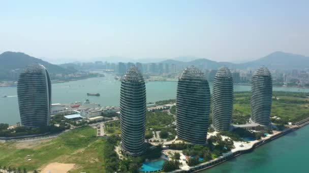 Panorama Aérien Célèbre Complexe Hôtelier Ville Sanya Diurne Île Hainan — Video