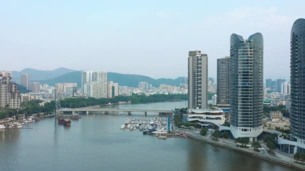 Aerial Panorama Sanya City Sunny Day Hainan Island China — Vídeos de Stock