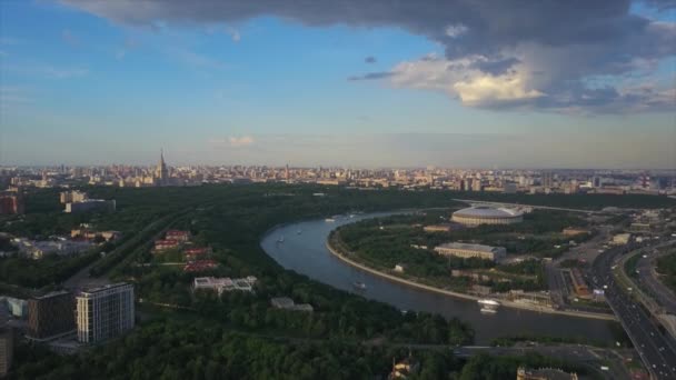 Słoneczny Wieczór Moskwa Słynny Wróbel Wzgórza Rzeka Powietrze Panoramiczne Rosja — Wideo stockowe
