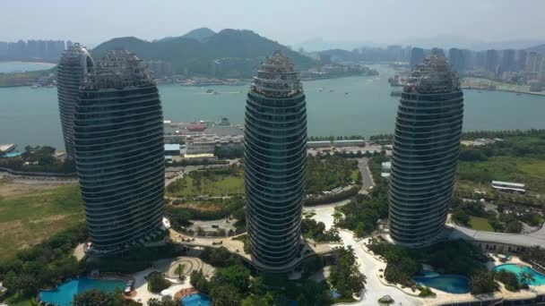 Aerial Panorama Famous Hotel Complex Sanya City Daytime Hainan Island — Vídeo de Stock