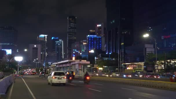 Éjszakai Megvilágítás Jakartában Éjszakai Forgalom Utcán Indonézia Kilátás — Stock videók