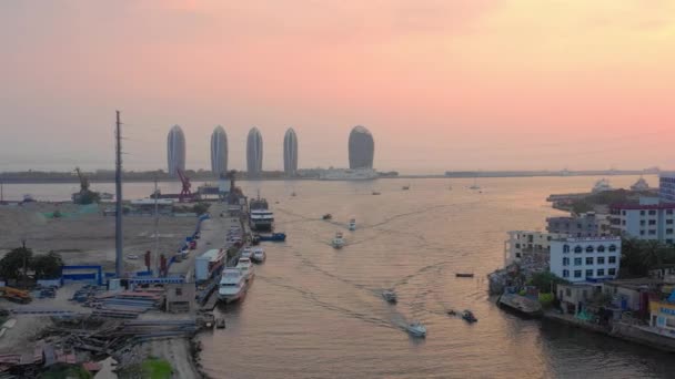 Aerial Panorama Sanya City Sunset Time Hainan Island China — Stock Video