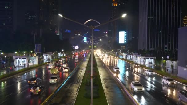Illuminazione Notturna Nella Città Jakarta Traffico Notturno Strada Indonesia Panorama — Video Stock