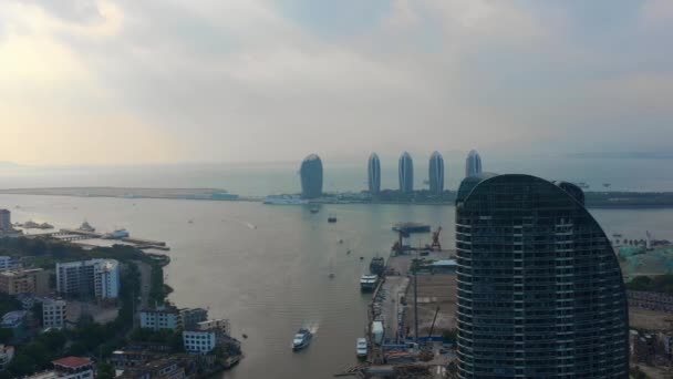 Aerial Panorama Sanya City Sunset Time Hainan Island China — Video Stock