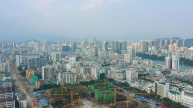 Aerial view of Sanya city at evening time. 4k, Hainan island, China